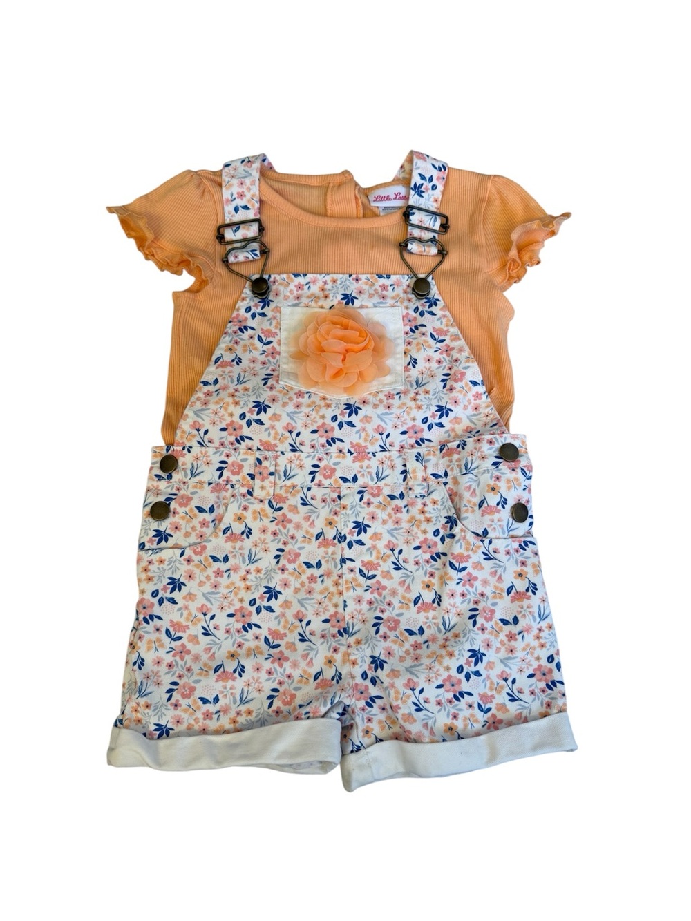 Little Lass Peach Ribbed Tee with Floral Overall Shorts, Size 5Y